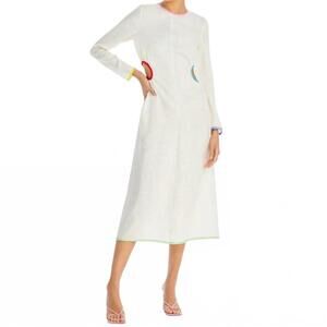 NEW RHODE thierry linen midi dress in macadamia rainbow piping